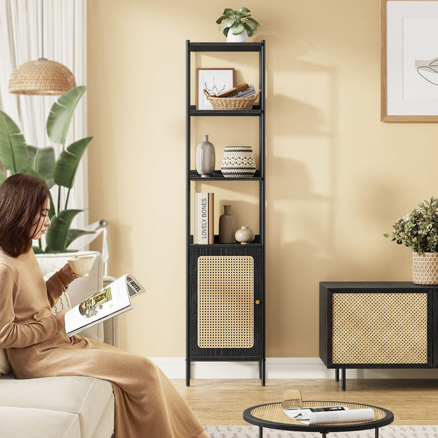 Bookcase – Metal and Rattan-Like – Ebony Black and Matte Black – Adjustable Shelves, Boho Style