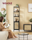 Bookcase – Metal and Rattan-Like – Ebony Black and Matte Black – Adjustable Shelves, Boho Style