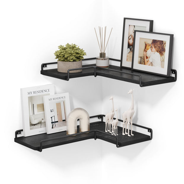 Set of 2 L-Shaped Floating Shelves – Engineered Wood – Black – Industrial Style Corner Design