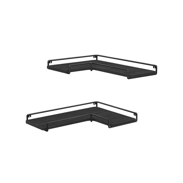 Set of 2 L-Shaped Floating Shelves – Engineered Wood – Black – Industrial Style Corner Design