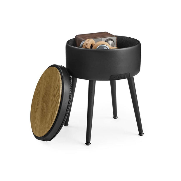 Storage Ottoman – Synthetic Leather – Round – Mid-Century Modern Design with Steel Legs, Max Load 150 kg