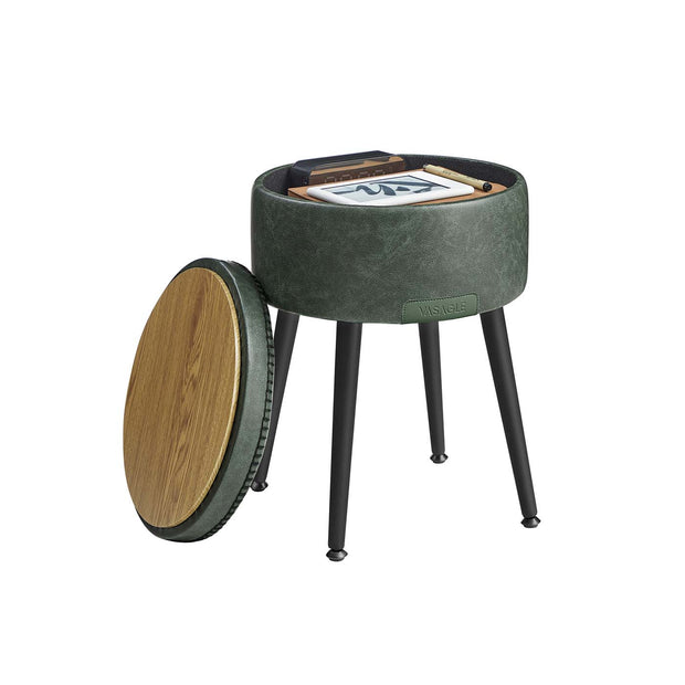 Storage Ottoman – Synthetic Leather – Round – Mid-Century Modern Design with Steel Legs, Max Load 150 kg