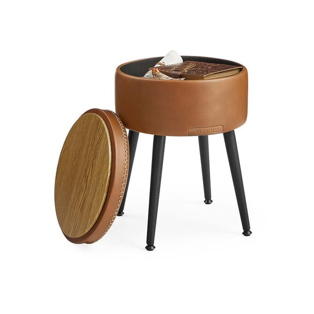 Storage Ottoman – Synthetic Leather – Round – Mid-Century Modern Design with Steel Legs, Max Load 150 kg