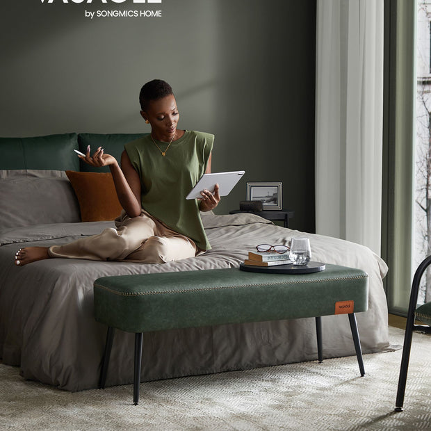 Ottoman Bench – Synthetic Leather – Forest Green – Mid-Century Modern Design, Load Capacity 300 kg