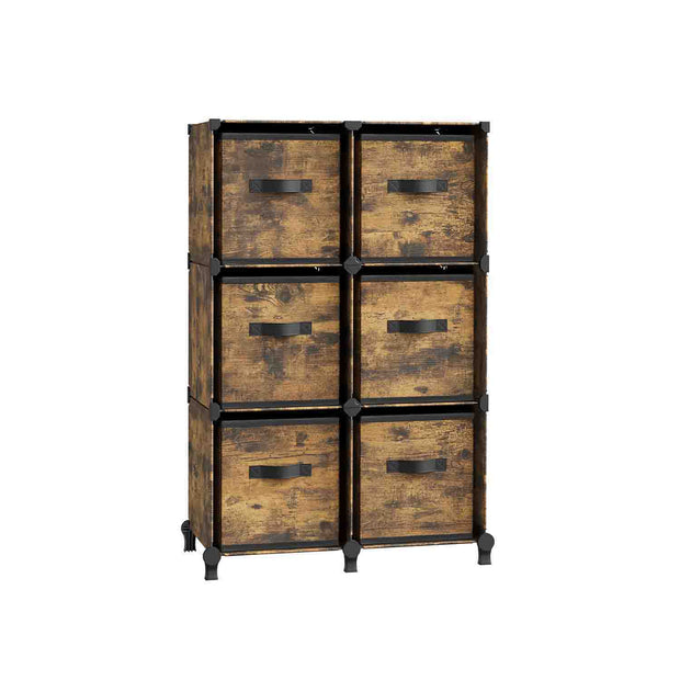 Cube Storage Organizer – Wood – Rustic Brown – 6 Non-Woven Fabric Storage Boxes