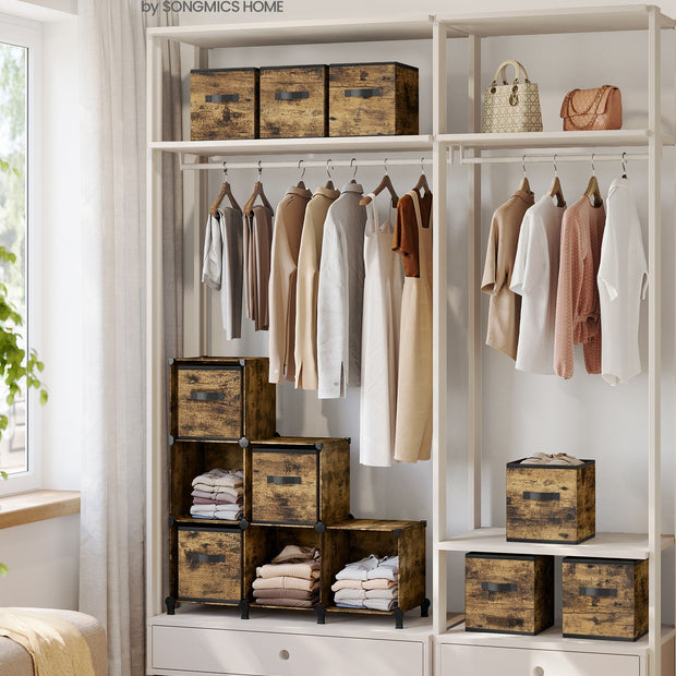 Cube Storage Organizer – Wood – Rustic Brown – 6 Non-Woven Fabric Storage Boxes