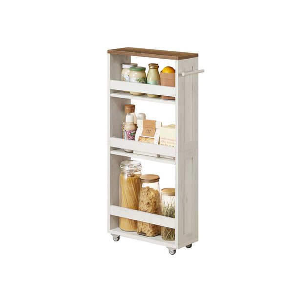 4-Tier Slim Kitchen Storage Trolley – Wood – Rustic White and Honey Brown – Mobile with Handle