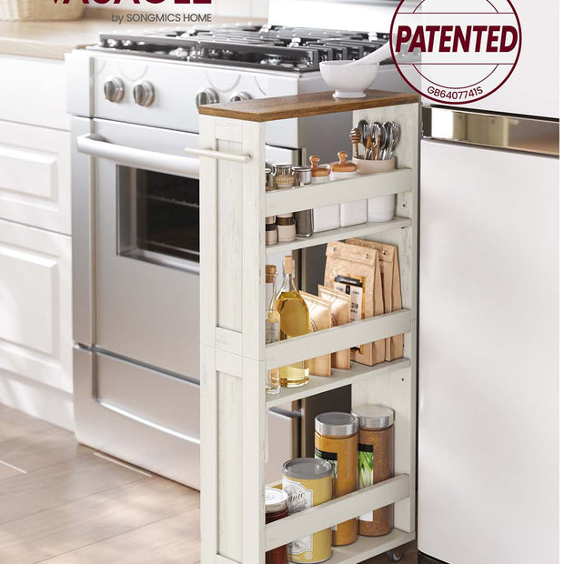 4-Tier Slim Kitchen Storage Trolley – Wood – Rustic White and Honey Brown – Mobile with Handle