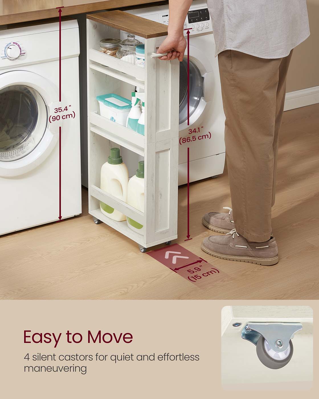 4-Tier Slim Kitchen Storage Trolley – Wood – Rustic White and Honey Brown – Mobile with Handle