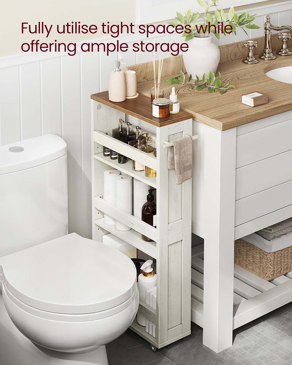 4-Tier Slim Kitchen Storage Trolley – Wood – Rustic White and Honey Brown – Mobile with Handle