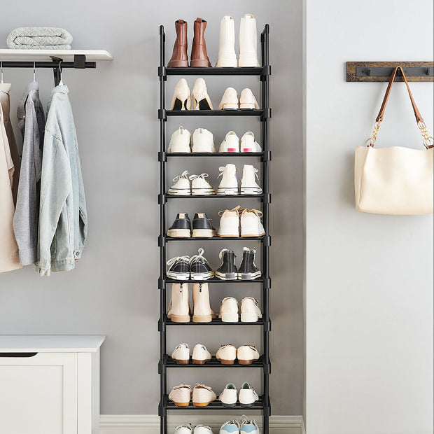 10-Shelf Shoe Rack – Iron – Black – Customisable and Space-Saving Design