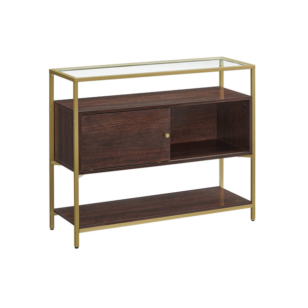 Sideboard – Glass & Metal – Chocolate Brown and Matte Gold – Sliding Door and Open Shelf