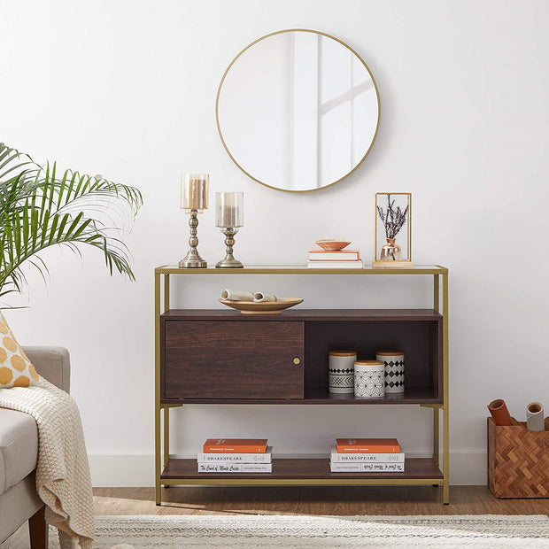 Sideboard – Glass & Metal – Chocolate Brown and Matte Gold – Sliding Door and Open Shelf