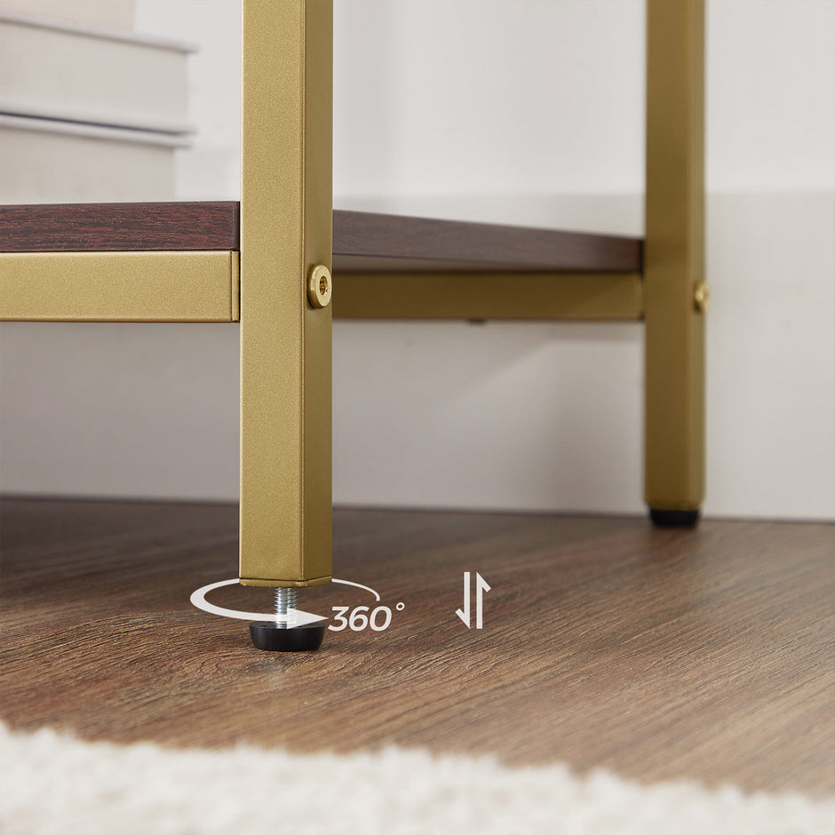 Sideboard – Glass & Metal – Chocolate Brown and Matte Gold – Sliding Door and Open Shelf