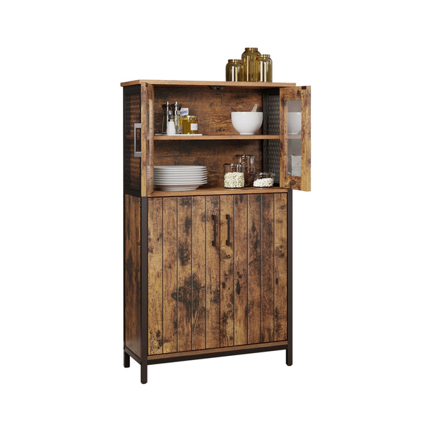 Storage Cabinet – Steel Frame – Rustic Brown and Black – Adjustable Shelf and Glass Doors
