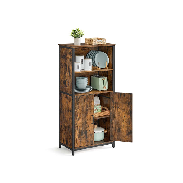 Multifunctional Floor Standing Cabinet – Wood – Rustic Brown and Black – 2 Open Compartments, Adjustable Shelf Behind Doors