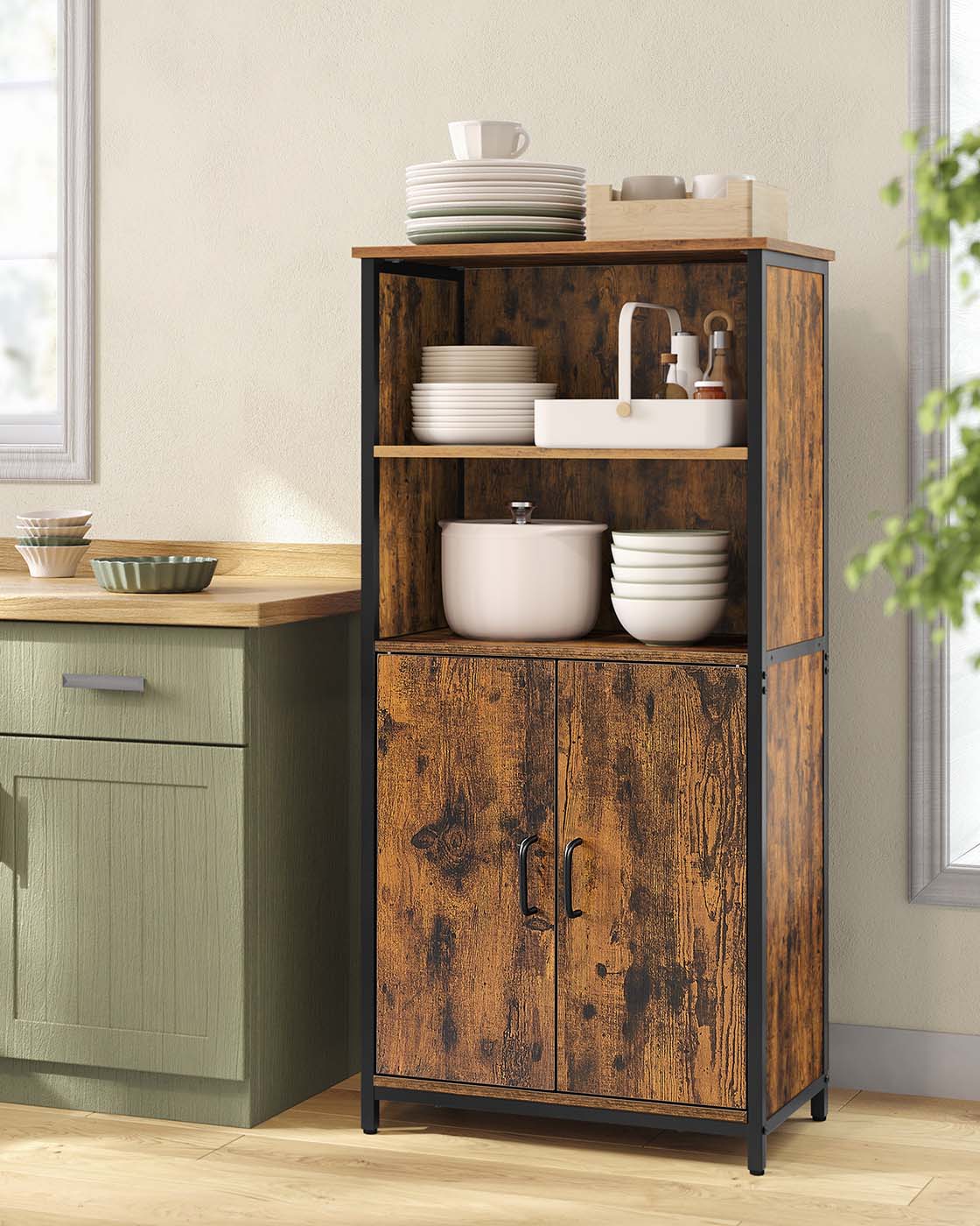 Multifunctional Floor Standing Cabinet – Wood – Rustic Brown and Black – 2 Open Compartments, Adjustable Shelf Behind Doors