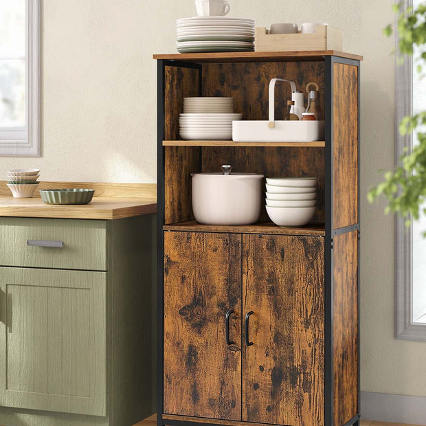 Multifunctional Floor Standing Cabinet – Wood – Rustic Brown and Black – 2 Open Compartments, Adjustable Shelf Behind Doors