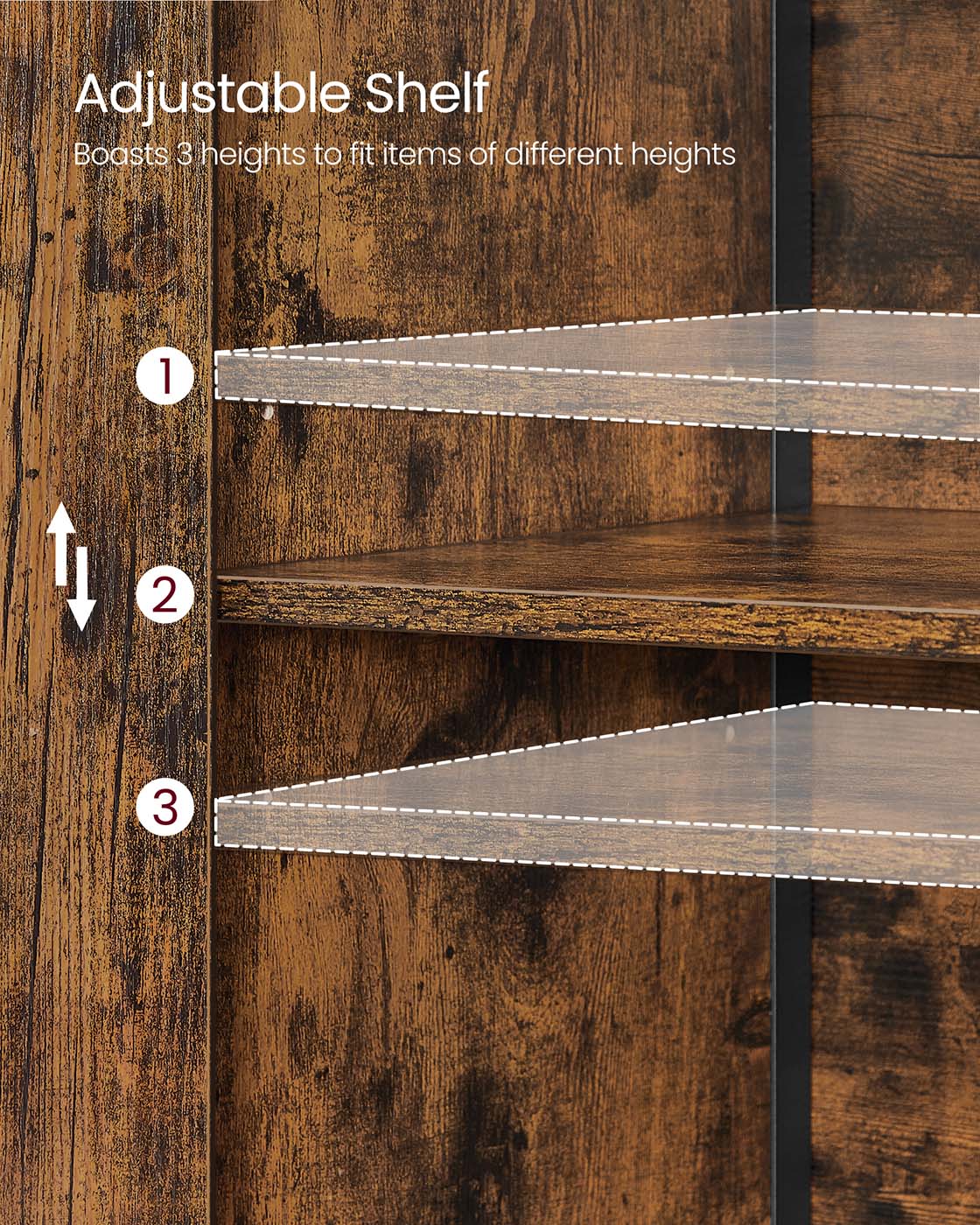 Multifunctional Floor Standing Cabinet – Wood – Rustic Brown and Black – 2 Open Compartments, Adjustable Shelf Behind Doors