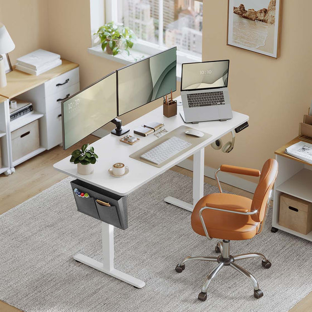 Height Adjustable Desk – Engineered Wood – Cloud White – Electric with 4 Memory Heights and Storage Pocket