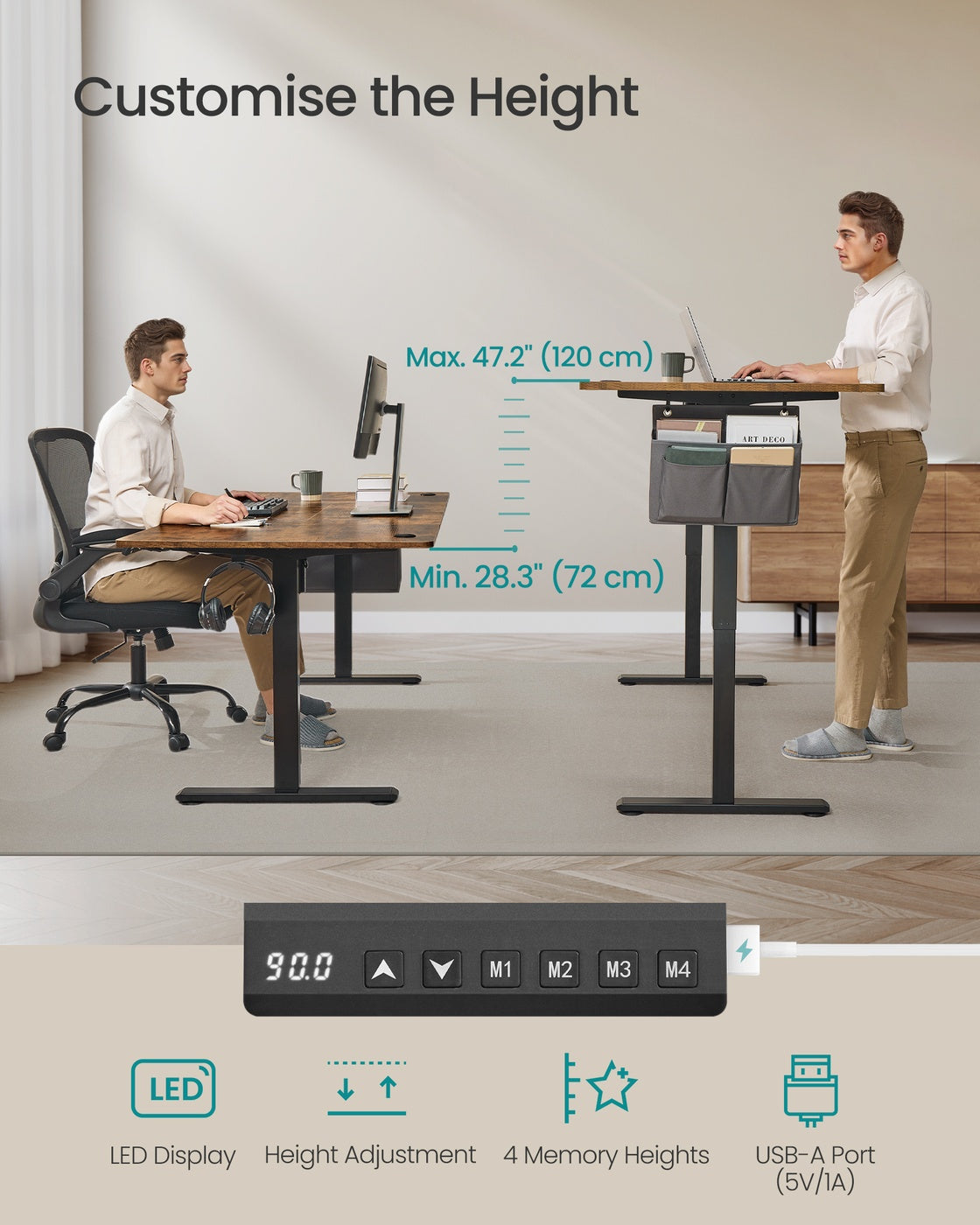 Electric Standing Desk – Engineered Wood – Cloud White – Height Adjustable with 4 Memory Settings and Storage Pocket