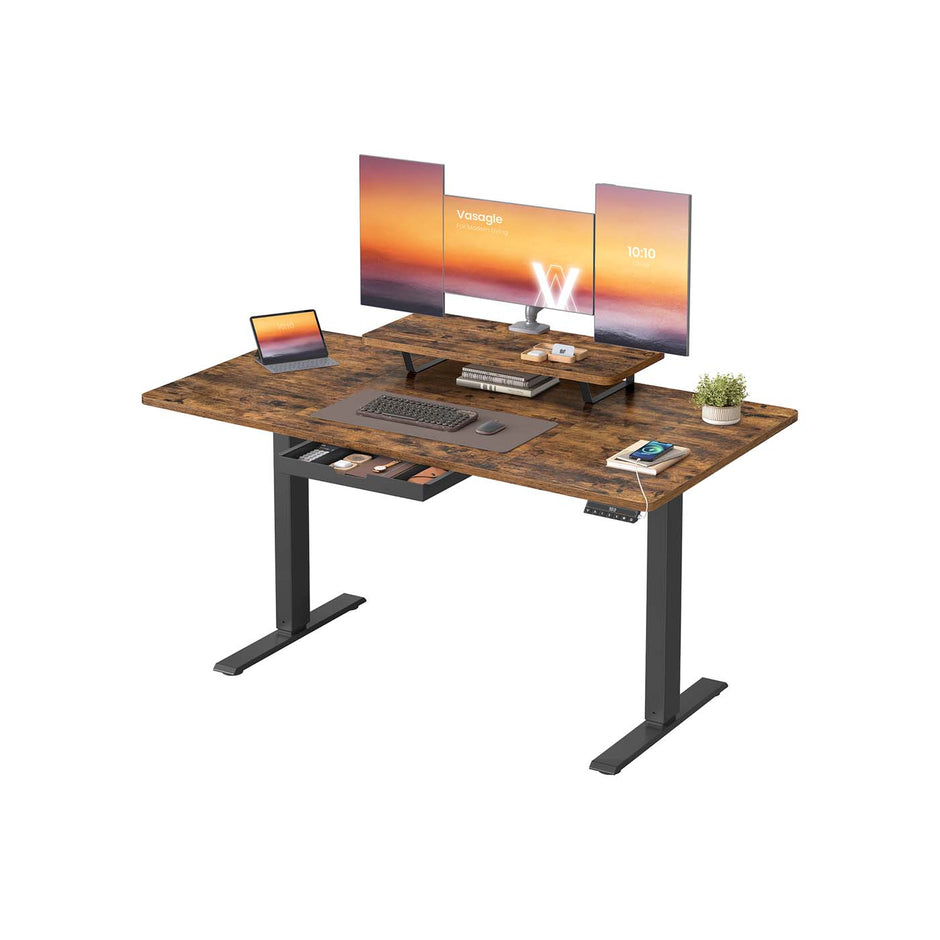 Electric Standing Desk – Wood – Rustic Brown – Height Adjustable with Built-in Drawer and Monitor Stand