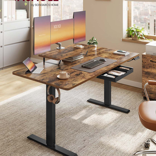 Electric Standing Desk – Wood – Rustic Brown – Height Adjustable with Built-in Drawer and Monitor Stand