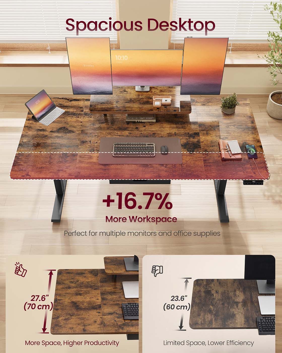 Electric Standing Desk – Wood – Rustic Brown – Height Adjustable with Built-in Drawer and Monitor Stand