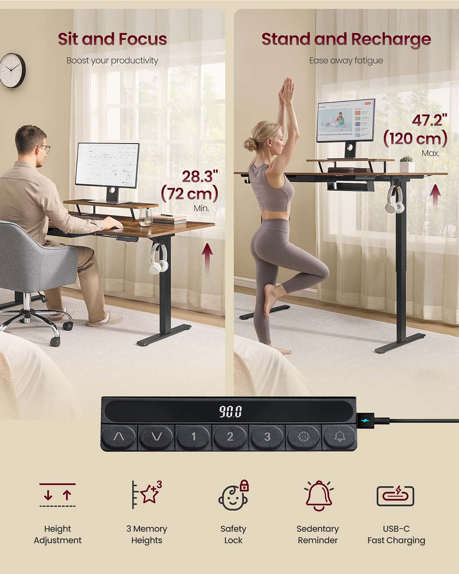 Electric Standing Desk – Wood – Rustic Brown – Height Adjustable with Built-in Drawer and Monitor Stand