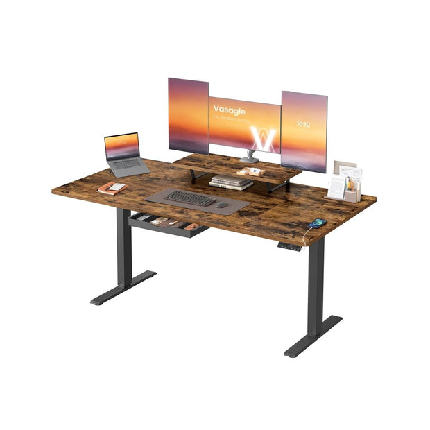 Electric Standing Desk – Wood – Rustic Brown – Height Adjustable with Built-in Drawer and Monitor Stand