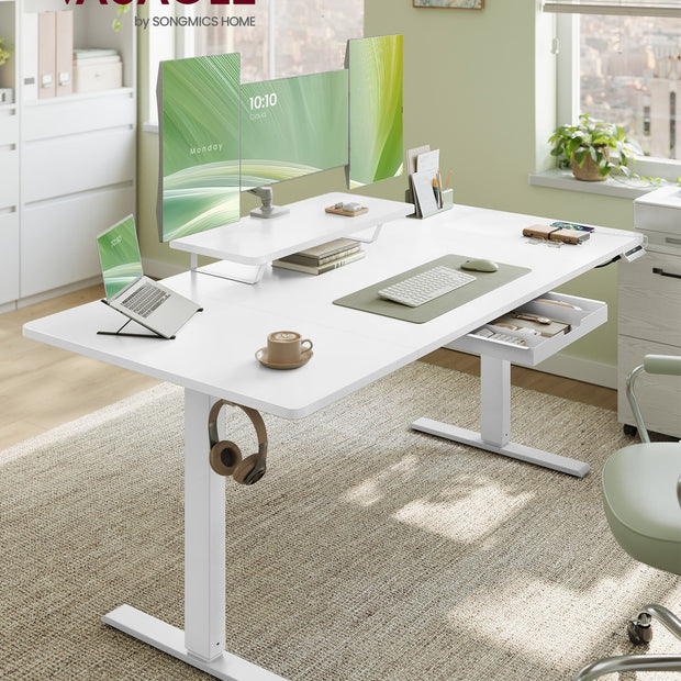 Electric Standing Desk – Wood – Rustic Brown – Height Adjustable with Built-in Drawer and Monitor Stand