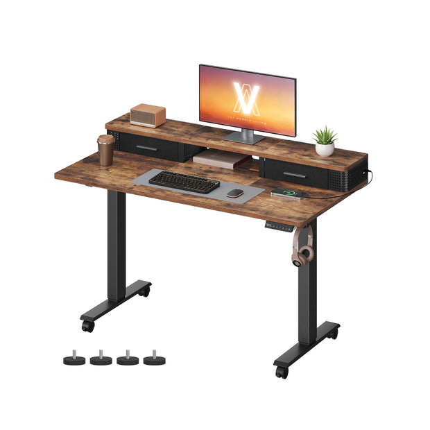 Electric Standing Desk – Wood – Black – Adjustable Height with Built-In Power Strip, Monitor Stand, Memory Function, and Storage Drawers