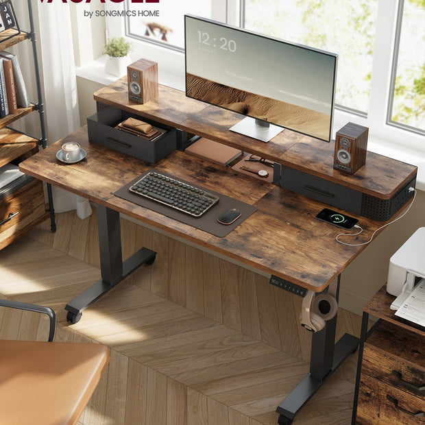 Electric Standing Desk – Wood – Black – Adjustable Height with Built-In Power Strip, Monitor Stand, Memory Function, and Storage Drawers