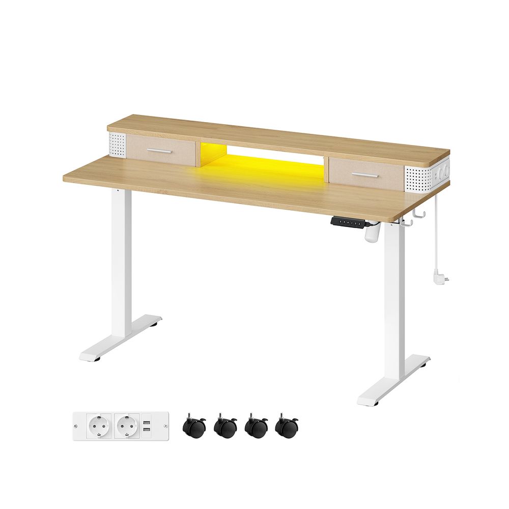 Electric desk - height adjustable - with socket and 2 drawers