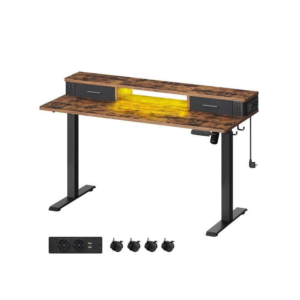 Electric desk - height adjustable - with socket and 2 drawers