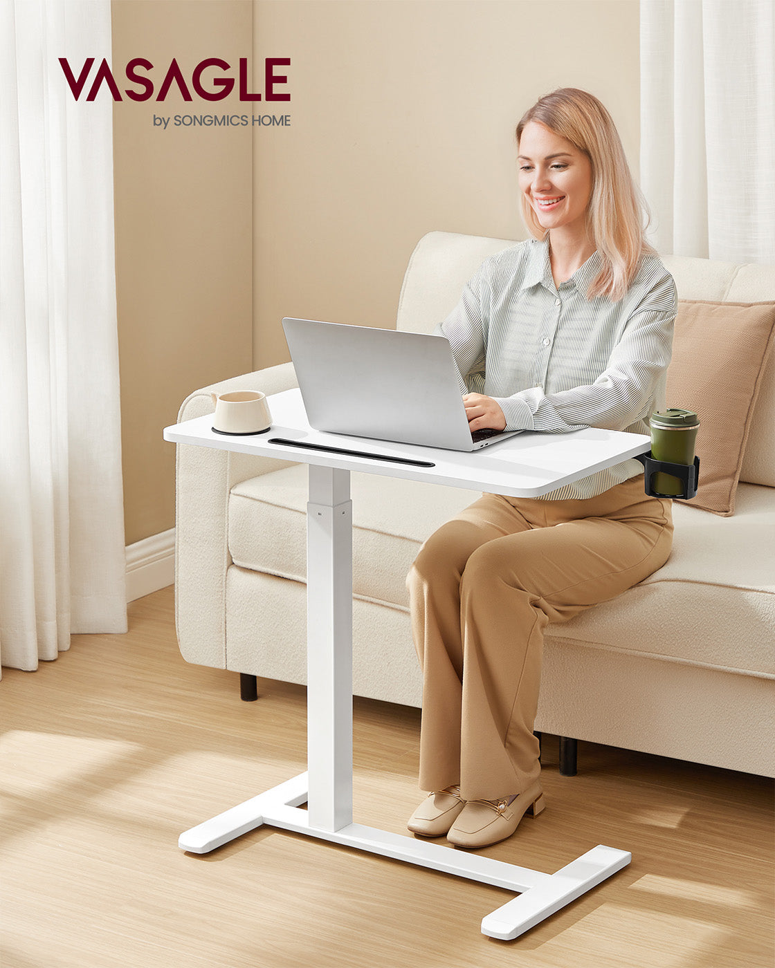 Overbed Table – Wood – Cloud White – Adjustable Height with Wheels and Device Slots