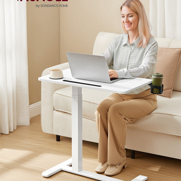 Overbed Table – Wood – Cloud White – Adjustable Height with Wheels and Device Slots