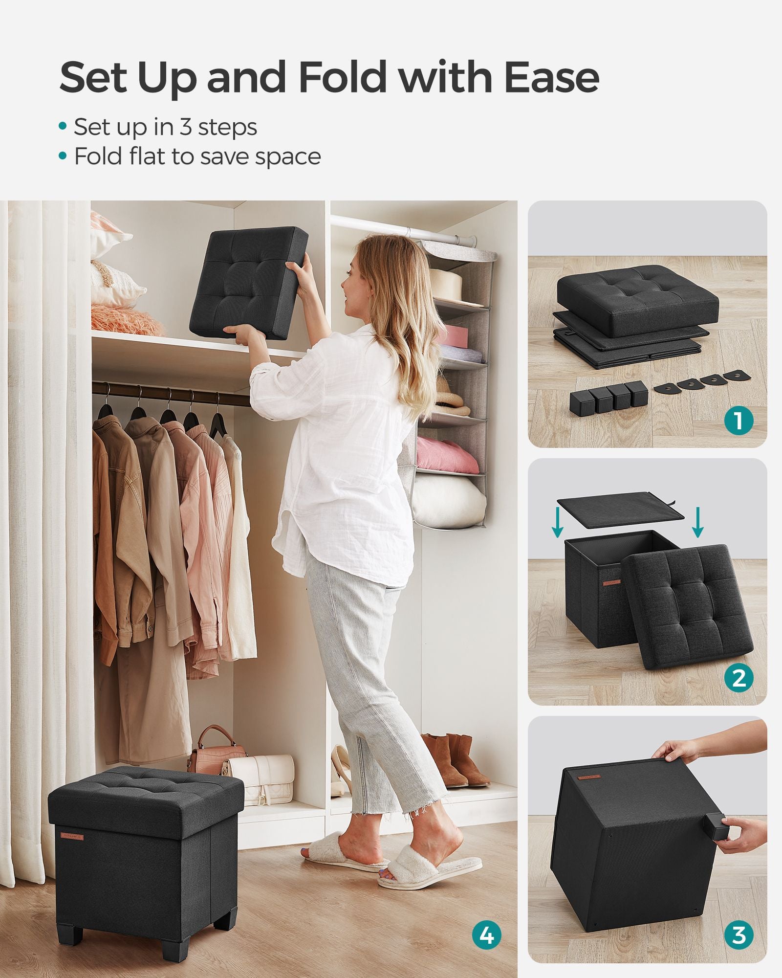 Foldable Storage Ottoman – Fabric – Ink Black – Weight Capacity 300 kg