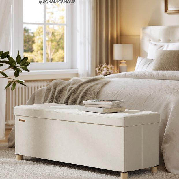 Storage Ottoman – Velvet – Cappuccino Beige – Folding Design with Lid, 112 L Capacity