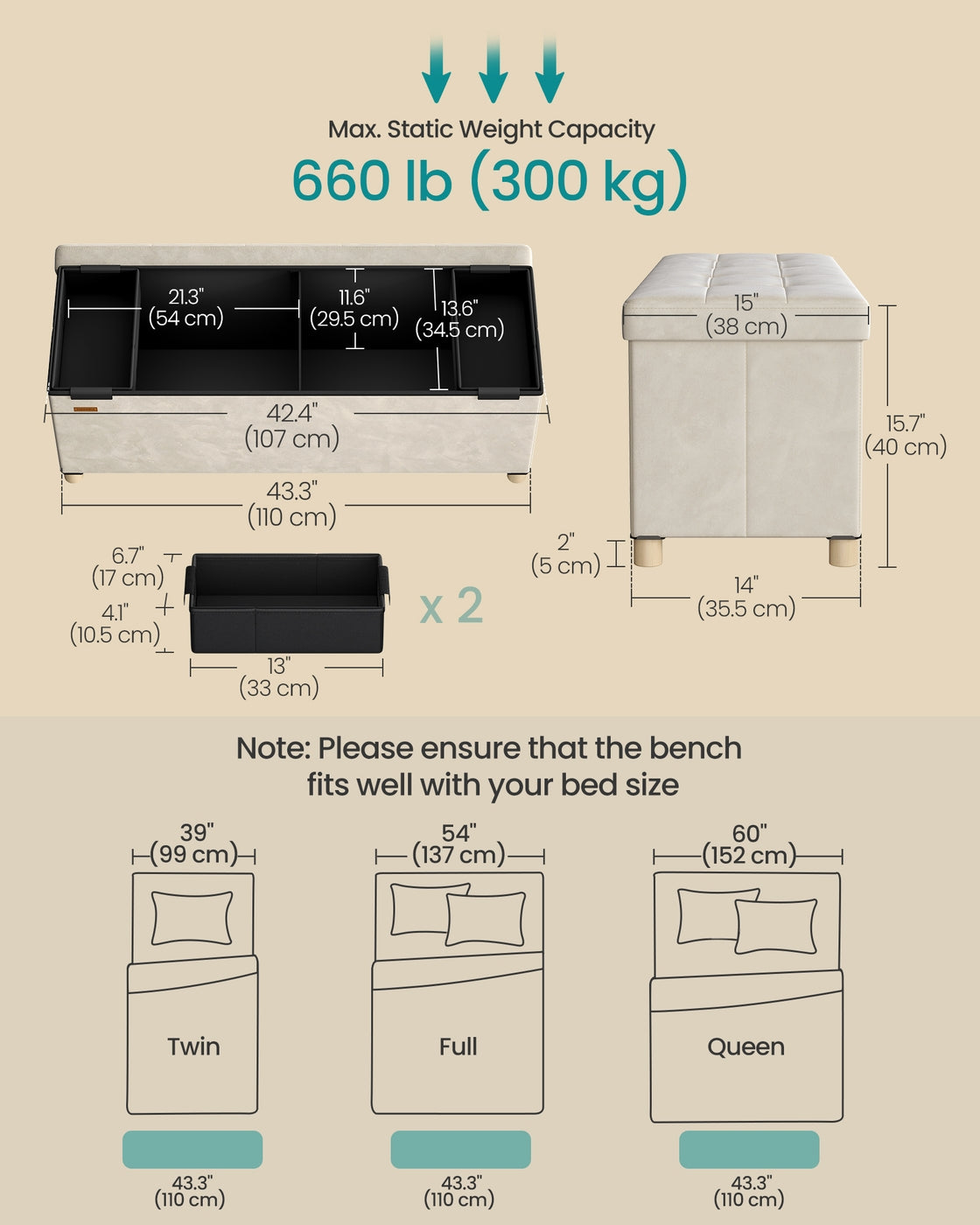 Storage Ottoman – Velvet – Cappuccino Beige – Folding Design with Lid, 112 L Capacity