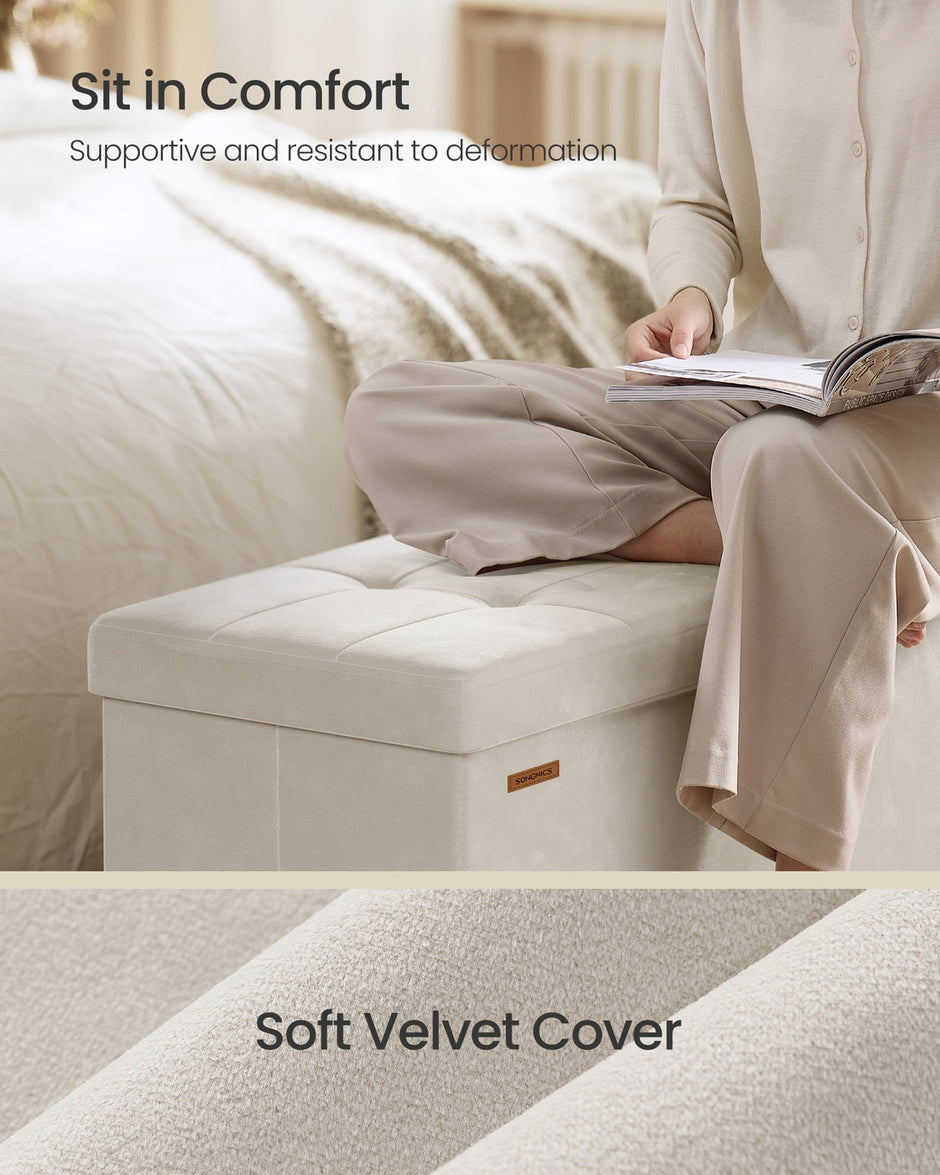 Storage Ottoman – Velvet – Cappuccino Beige – Folding Design with Lid, 112 L Capacity