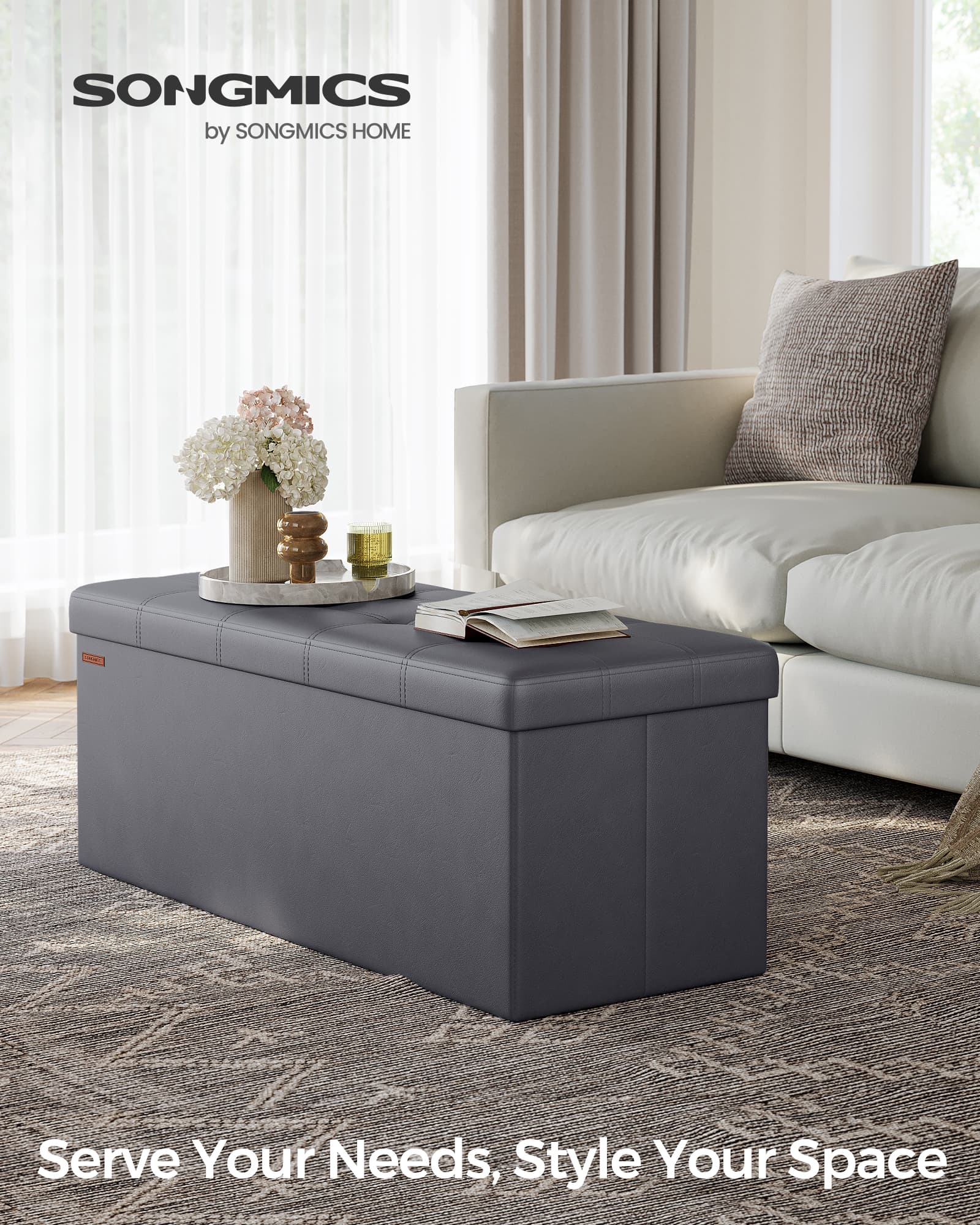 Storage Ottoman – Fabric – Dark Grey – Foldable with Storage, 110 cm
