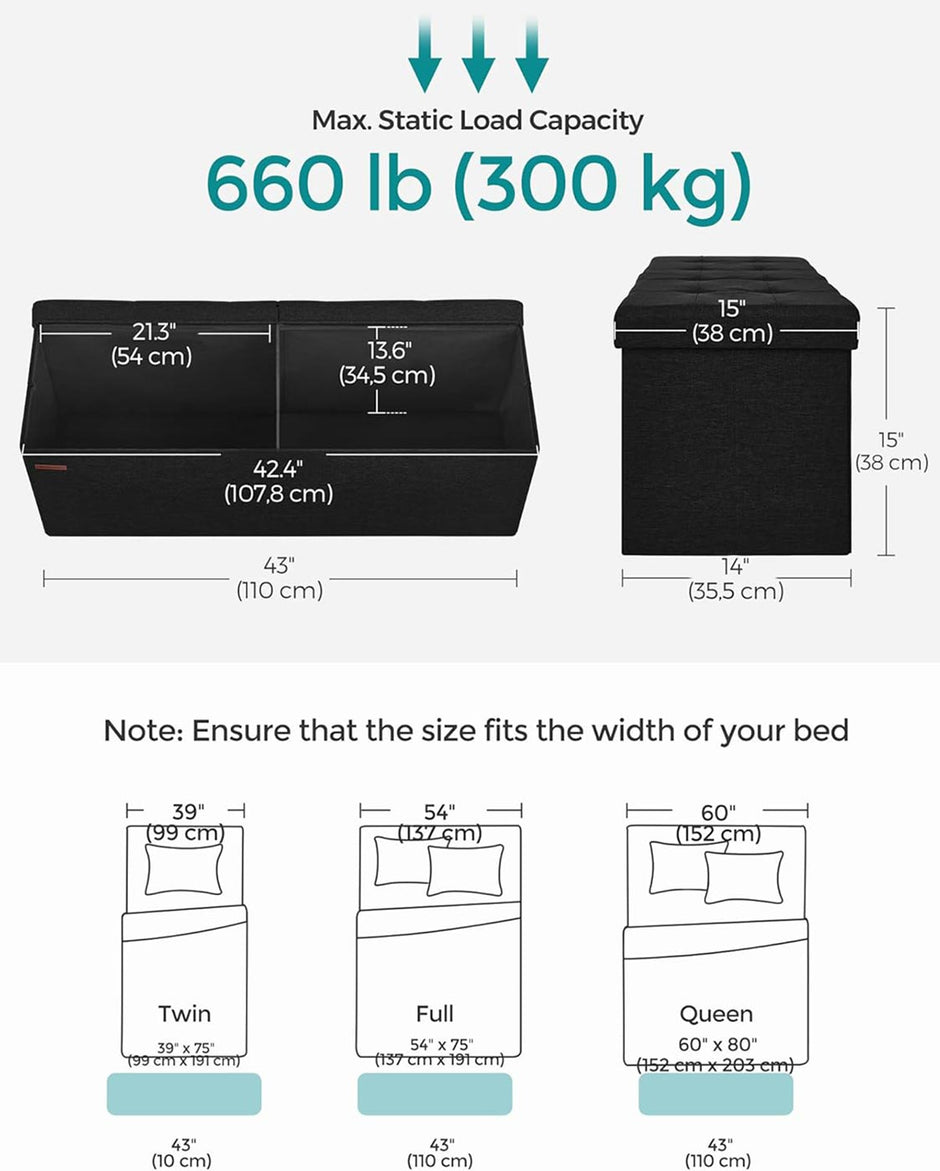 Storage Ottoman – Fabric – Light Black – Padded, Foldable, 120L Capacity, Holds up to 300 kg