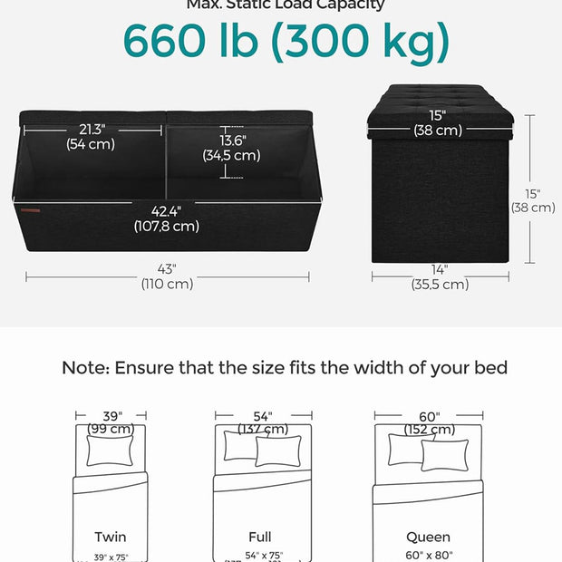 Storage Ottoman – Fabric – Light Black – Padded, Foldable, 120L Capacity, Holds up to 300 kg