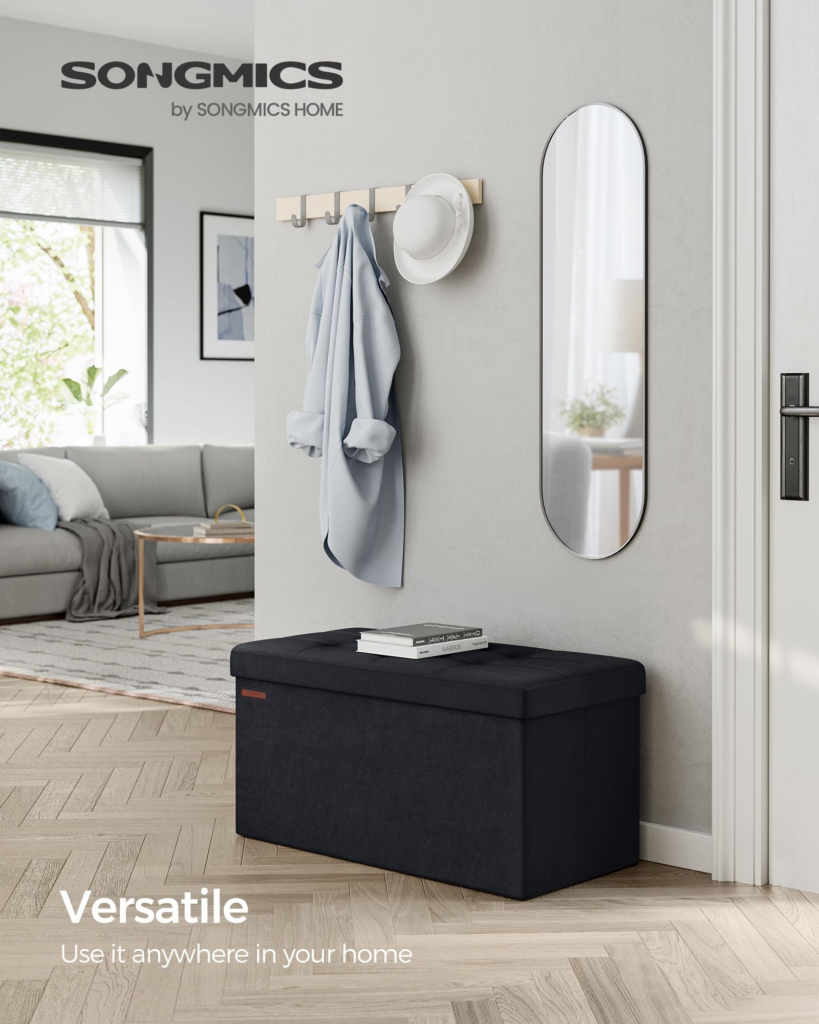 Foldable Velvet Storage Ottoman Bench – Ink Black – Includes 2 Extra Storage Boxes – 300 kg Load Capacity – Ideal for Hallway and Living Room