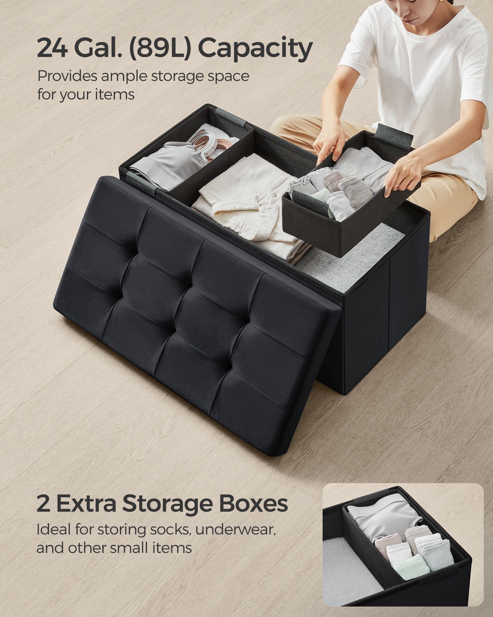 Foldable Velvet Storage Ottoman Bench – Ink Black – Includes 2 Extra Storage Boxes – 300 kg Load Capacity – Ideal for Hallway and Living Room