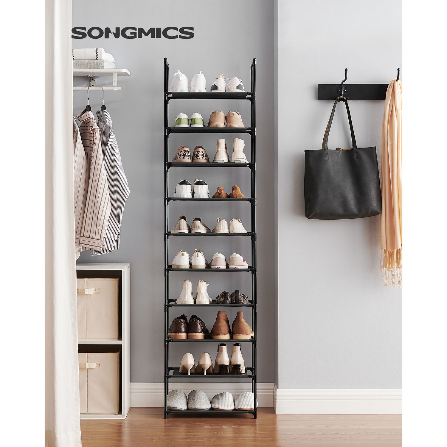 10-Tier Shoe Rack – Metal Frame – Black – Space-Saving Design with Non-Woven Fabric Shelves