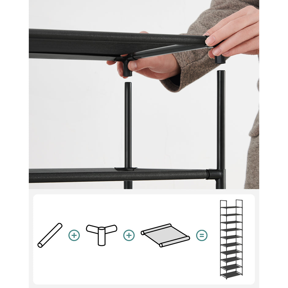 10-Tier Shoe Rack – Metal Frame – Black – Space-Saving Design with Non-Woven Fabric Shelves