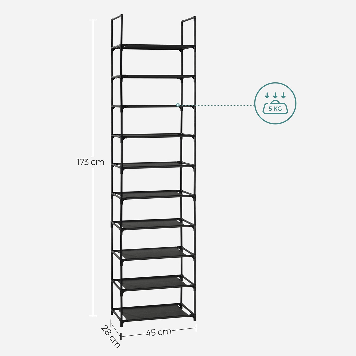 10-Tier Shoe Rack – Metal Frame – Black – Space-Saving Design with Non-Woven Fabric Shelves