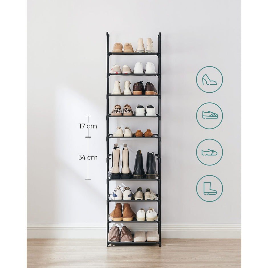 10-Tier Shoe Rack – Metal Frame – Black – Space-Saving Design with Non-Woven Fabric Shelves
